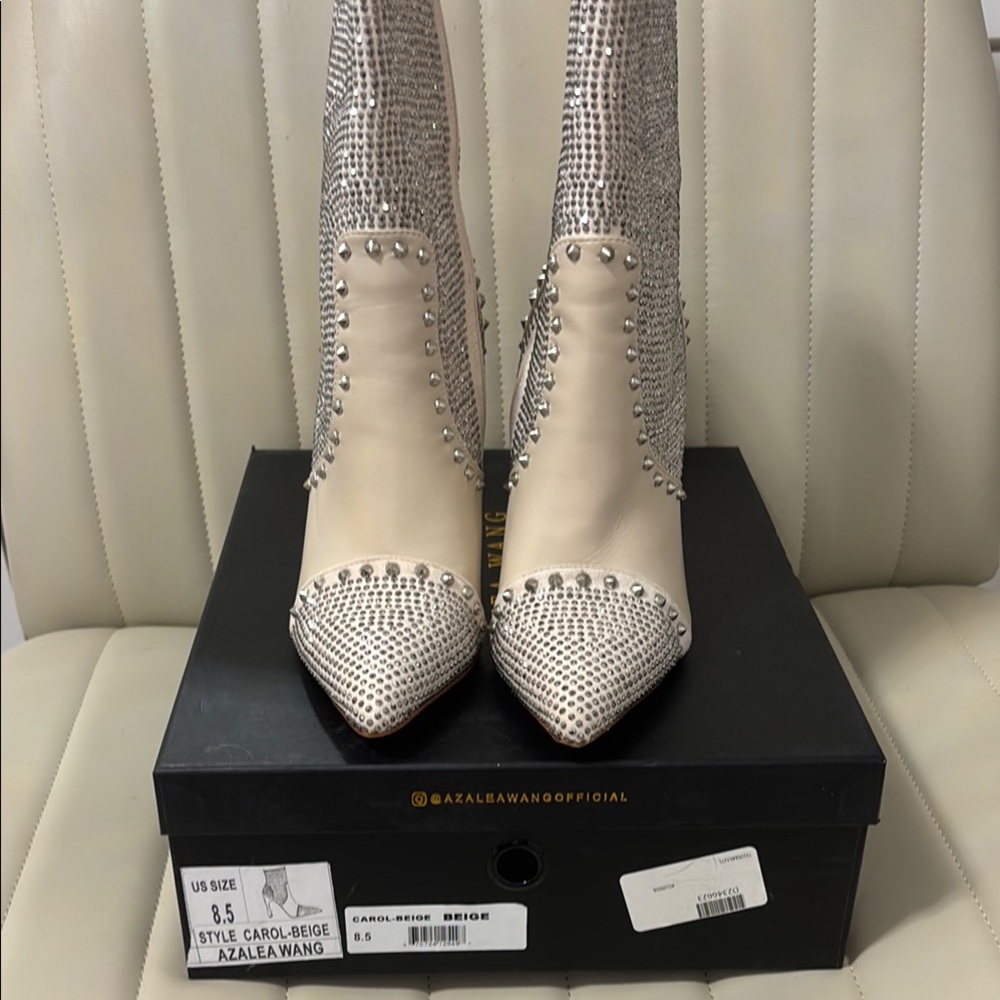 Studded Beige High Heel Boots - Picture 2 of 5